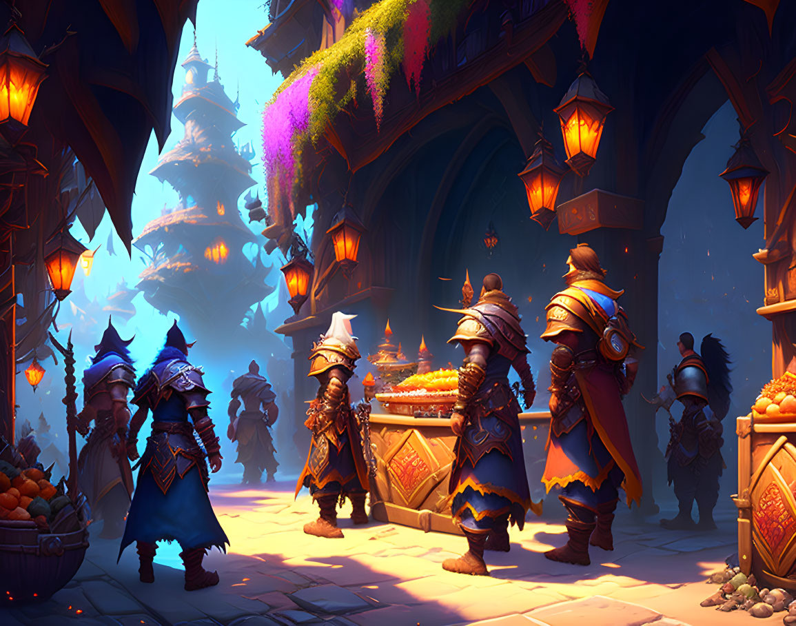 Medieval fantasy artwork: Armored characters in vibrant market street