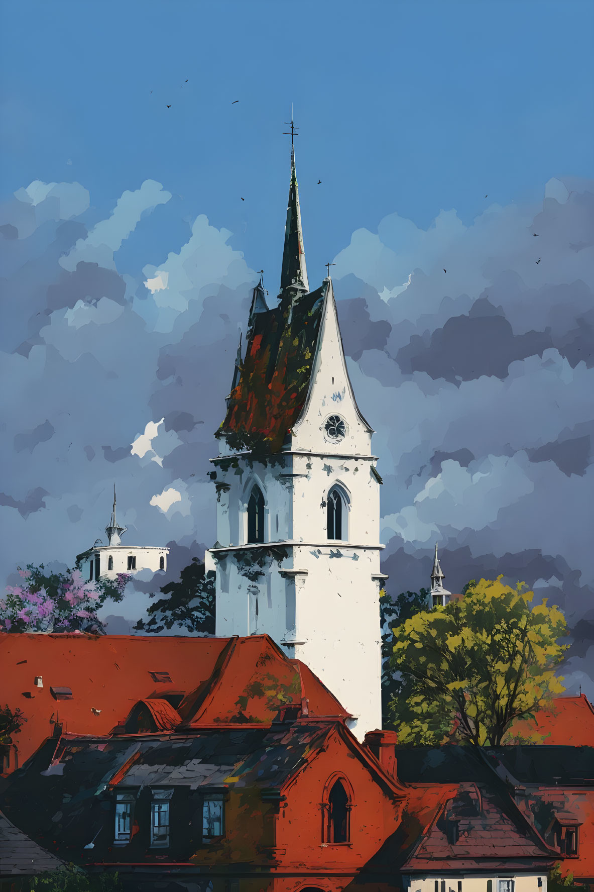 Digital art: White church tower over red buildings under cloudy sky