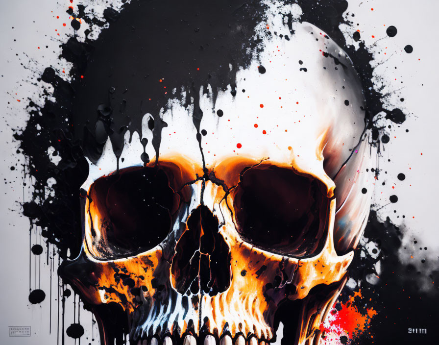 Detailed skull art with black, red, and yellow splatters on white background