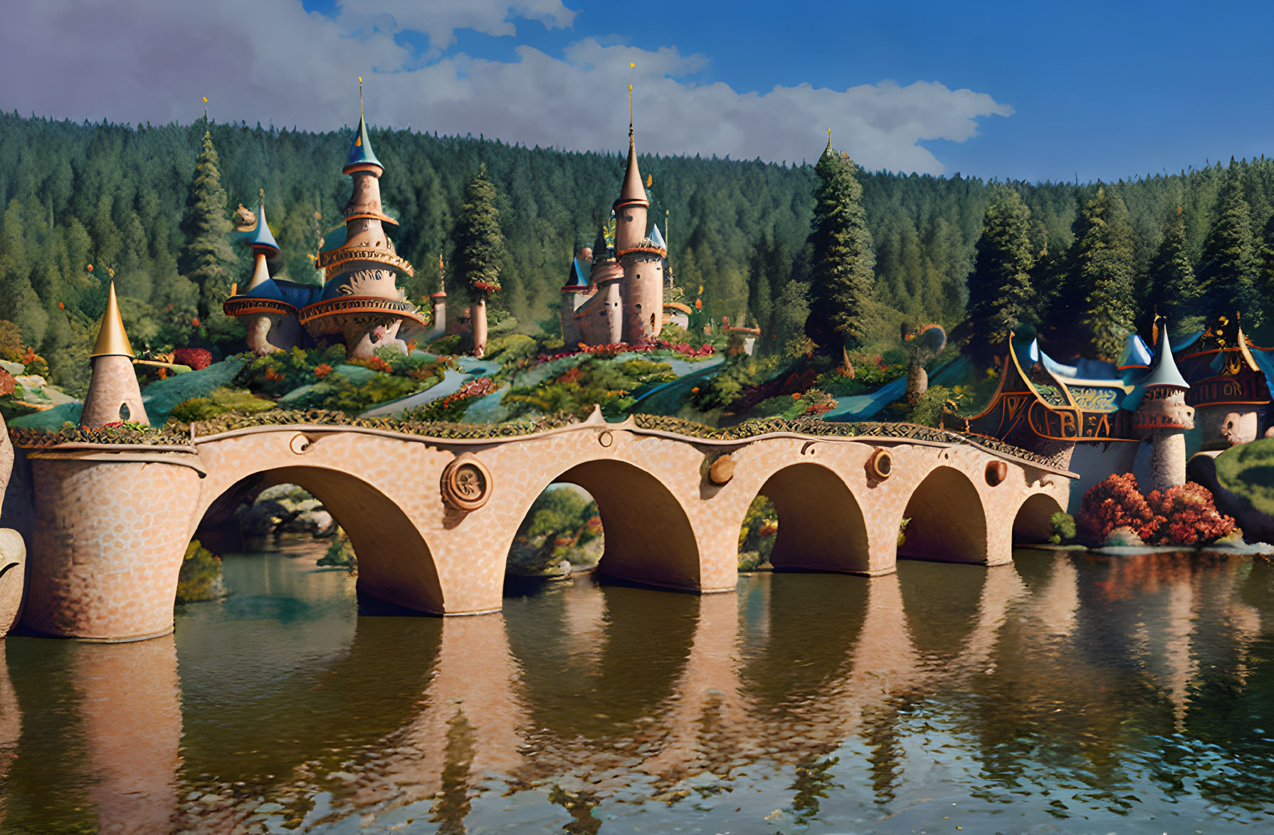 Stone bridge and castle in lush fairytale landscape