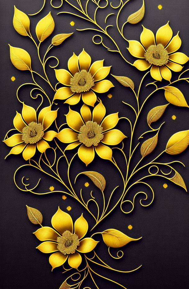 Luxurious golden floral pattern with sunflowers and swirling leaves on a dark background