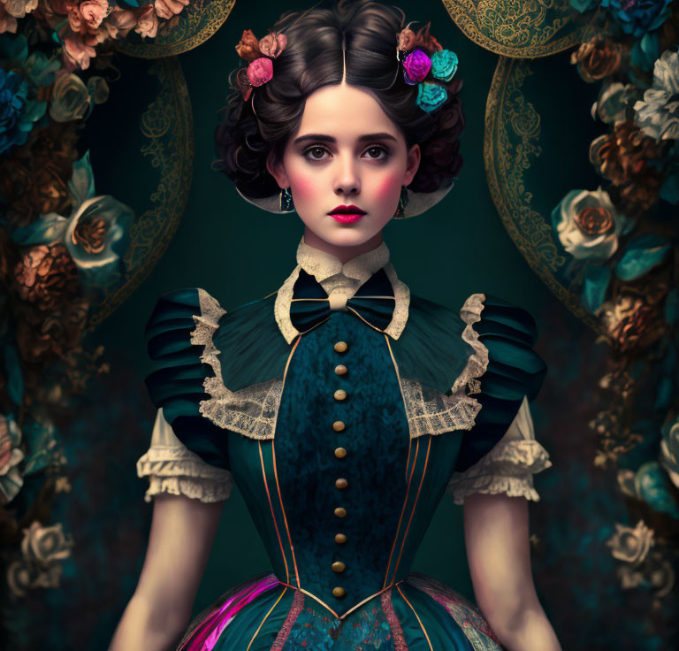 Victorian-inspired woman in high-collared blouse with floral hair decor.