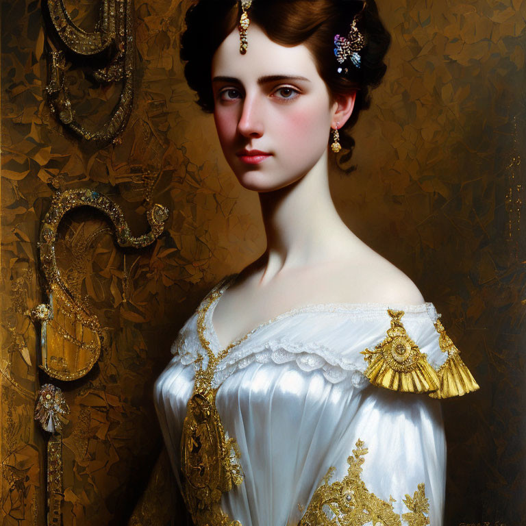 Elegant woman portrait in white and gold dress with period hairstyle and subtle jewelry on gold background