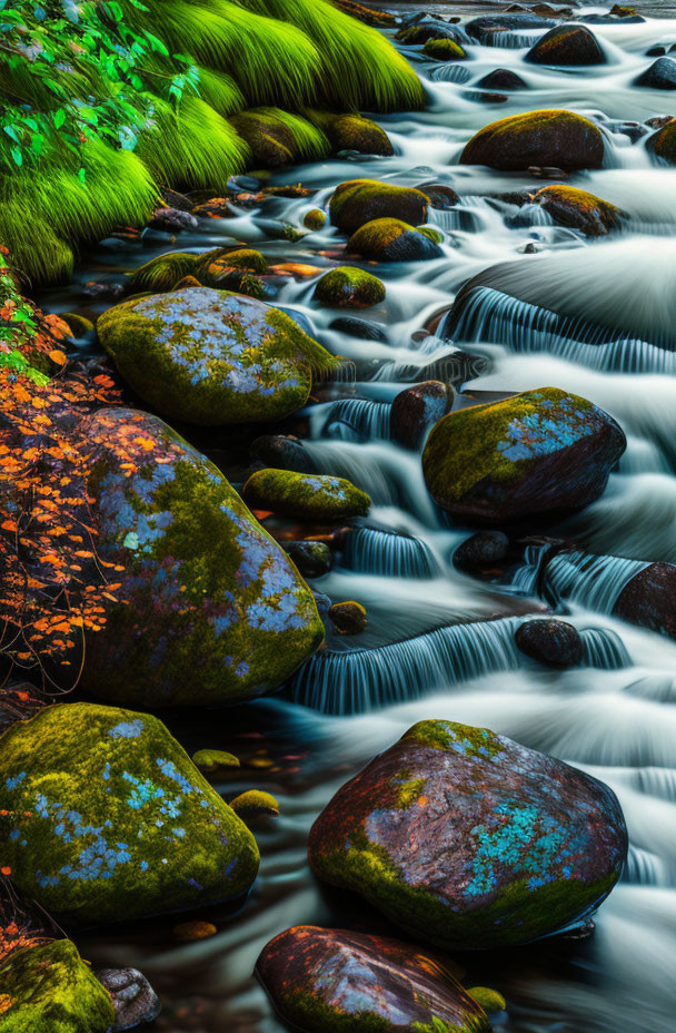 Tranquil stream over mossy rocks with autumn foliage