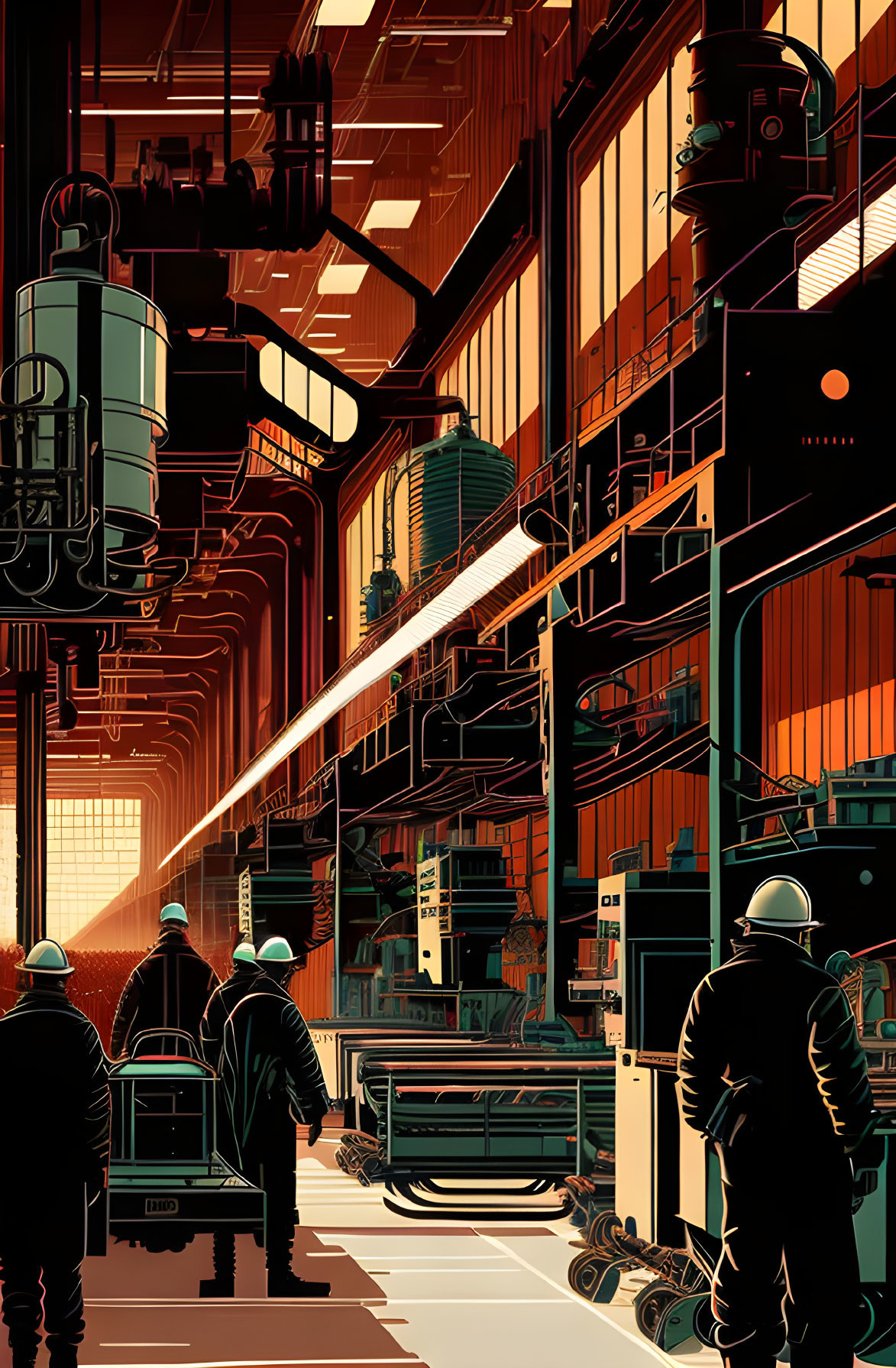 Stylized industrial facility with towering machinery and warm tones