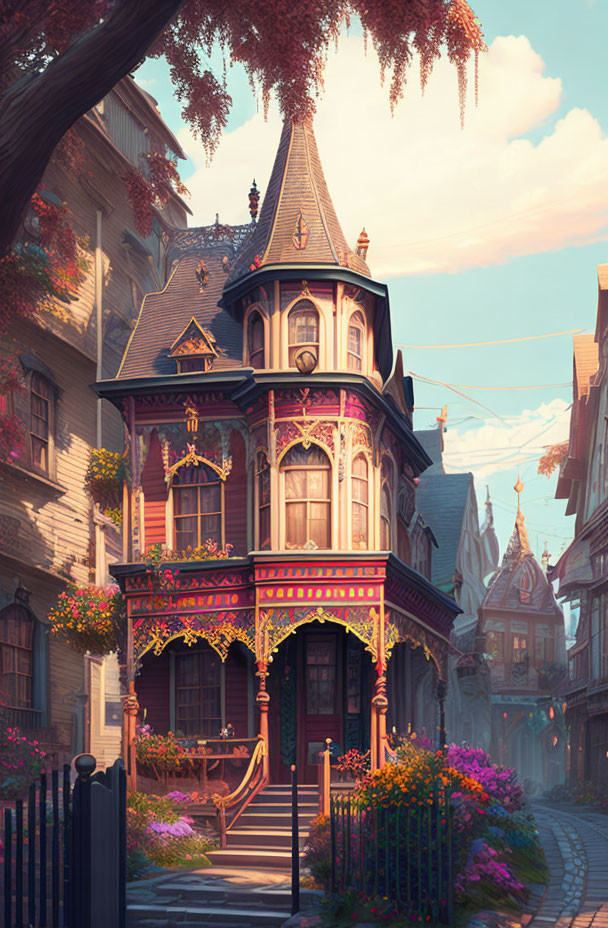 Victorian house with ornate details and lush flowers on quaint sunlit street