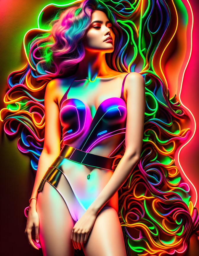 Colorful Woman in Holographic Outfit on Neon Background