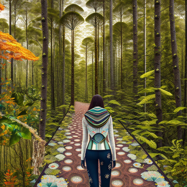 Woman walking on psychedelic forest path with lantern