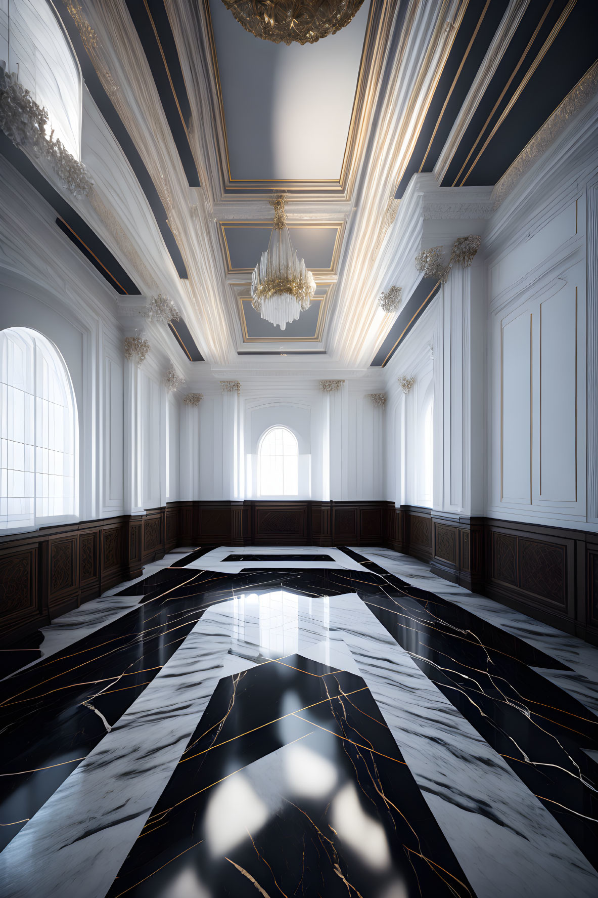 Spacious Hall with High Ceiling, White Walls, Chandeliers, and Marble Floor