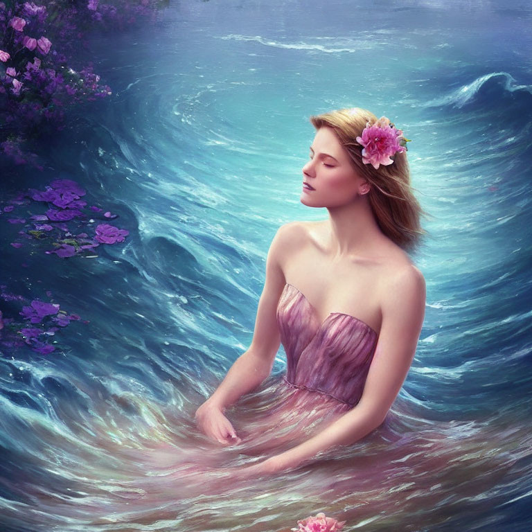 Woman in Purple Dress Blends into Floral Sea Landscape