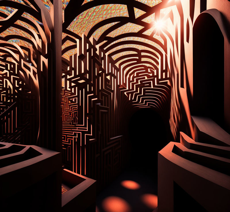 Detailed 3D digital artwork of maze-like structure with arched pathways and mosaic ceilings