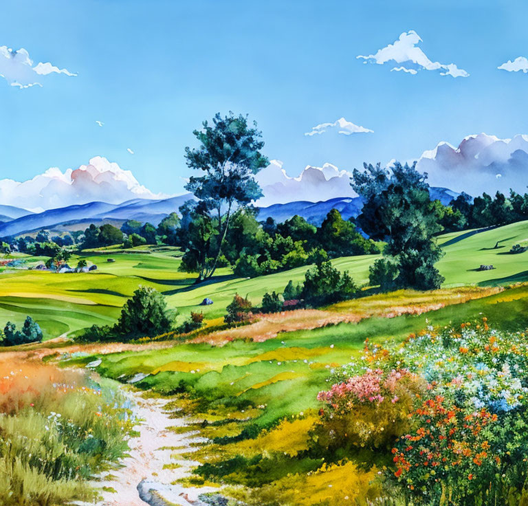 Scenic golf course watercolor with colorful flowers, green hills, trees, and mountains.