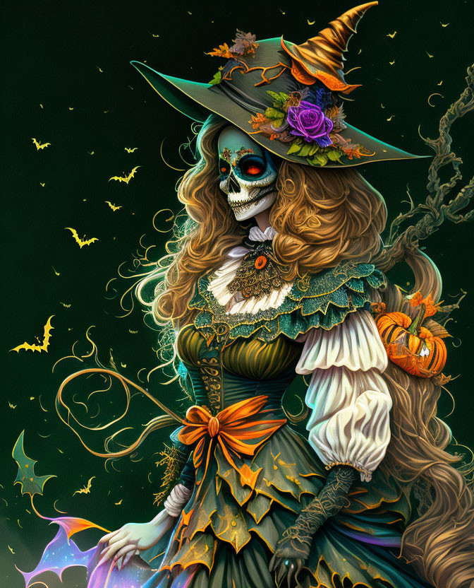 Skeleton in Witch Costume with Pumpkin and Bats on Dark Green Background