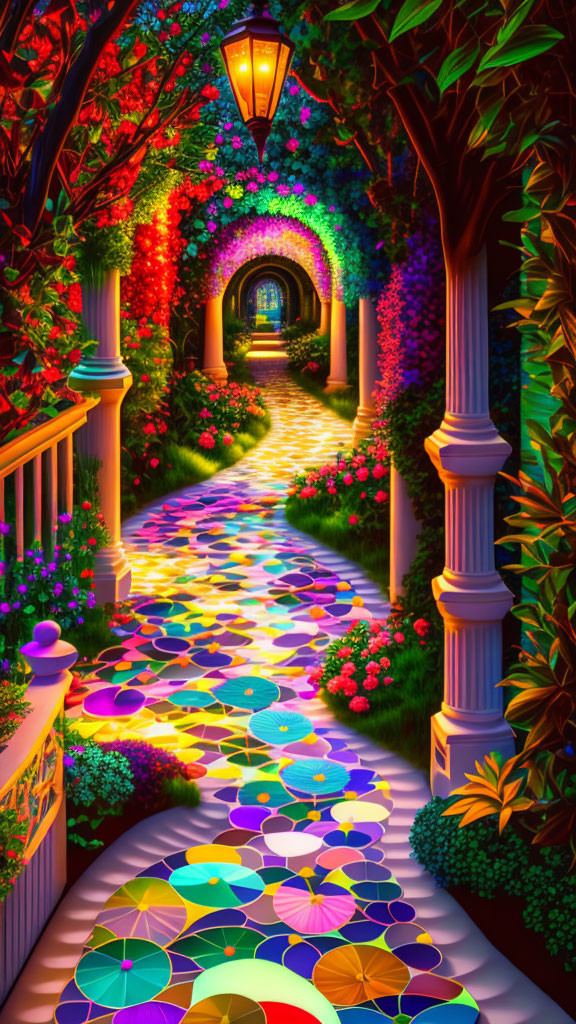 Lush garden pathway with glowing lanterns and arched tunnel