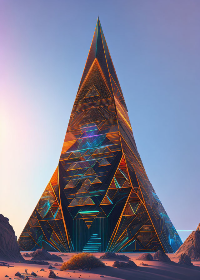 Futuristic neon-lit geometric structure in desert dusk