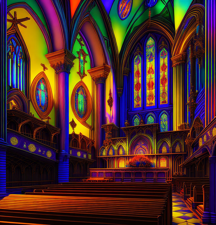 Colorful Gothic Cathedral Interior with Rainbow Lighting