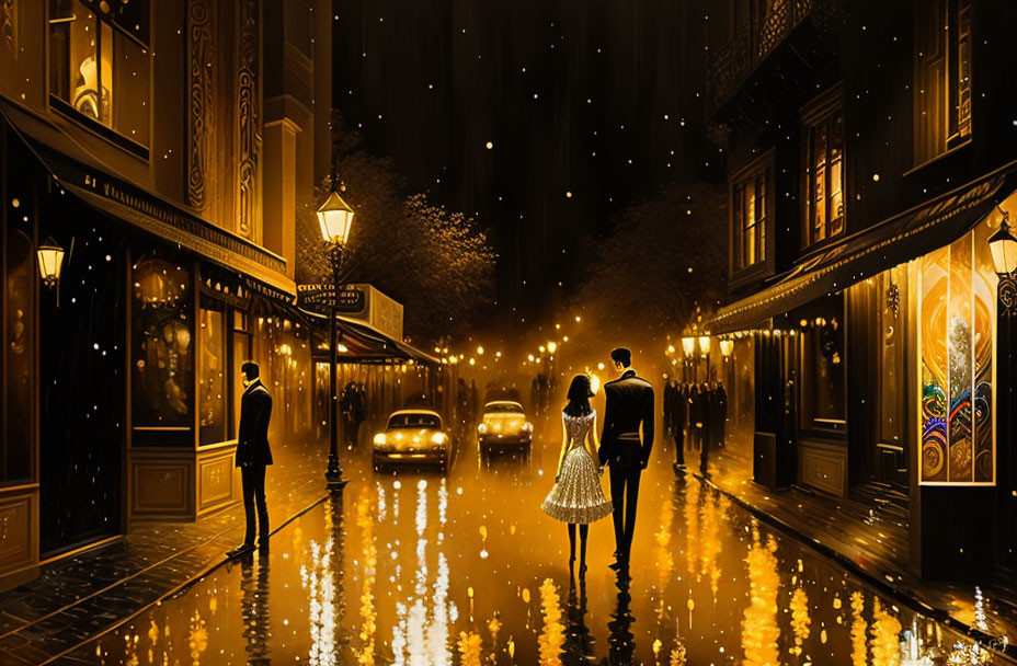 Couple holding hands in rain-soaked street with vintage cars and charming architecture