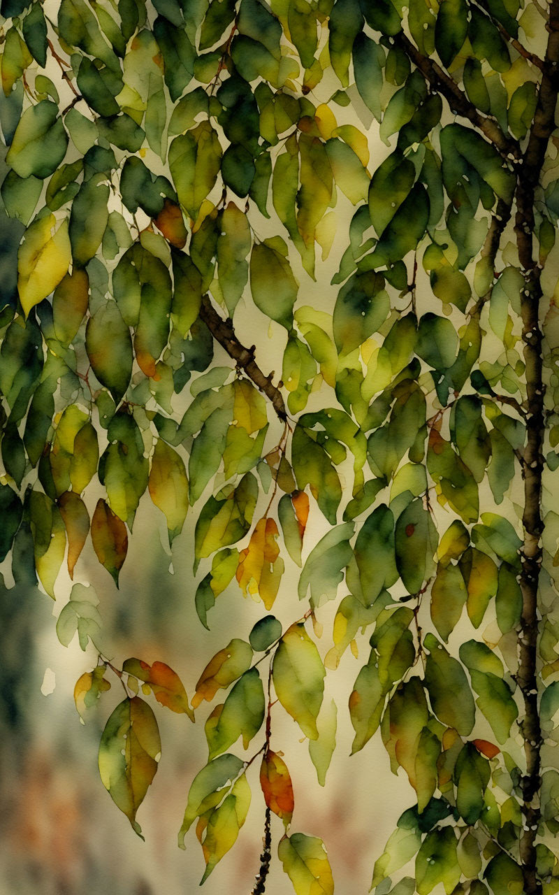 Autumn-themed painting with green, yellow, and orange leaves in soft focus