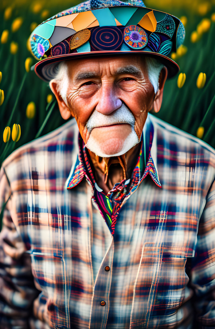 Elderly man in patterned hat and plaid shirt on green background