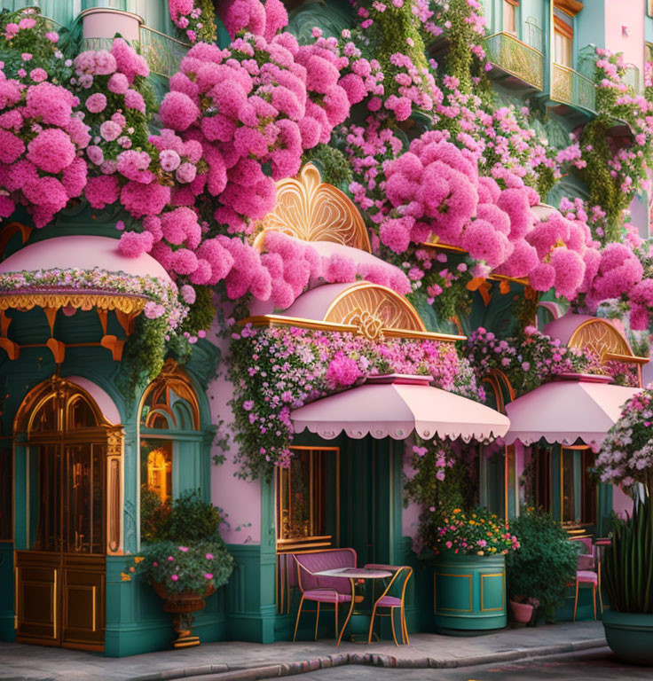 Elegant building with pink blooms, mint green doors, and striped awnings