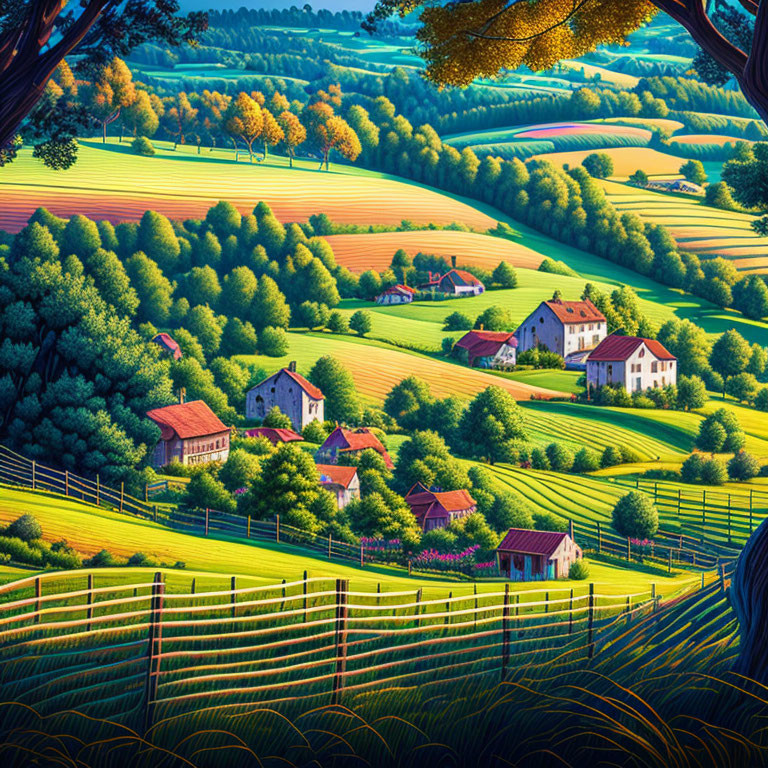 Vibrant green fields and rolling hills with scattered farmhouses under a sunny sky