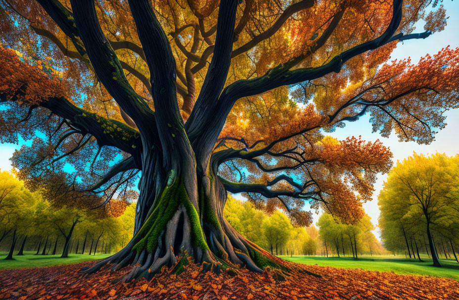 Majestic tree in vibrant autumn forest with wide trunk and sprawling branches