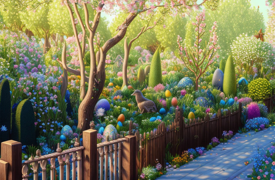 Colorful garden with flowers, trees, bird, and wooden fence in soft light