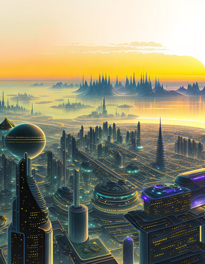 Futuristic cityscape with towering spires and glowing lights at sunrise