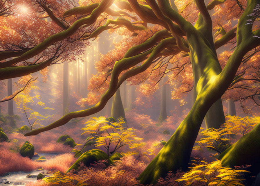 Lush forest scene with sunlight, ferns, and brook