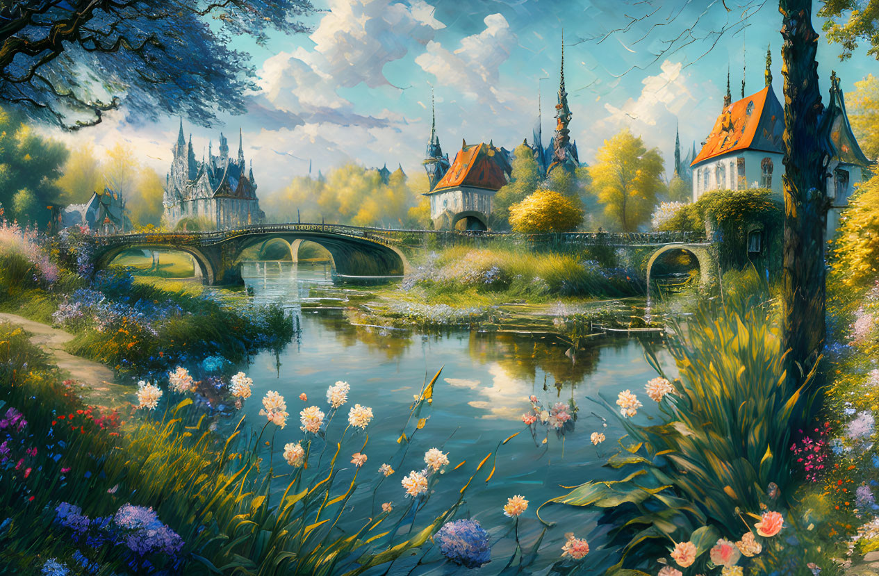 Tranquil landscape with stone bridge, river, lush trees, flowers, and medieval-style buildings