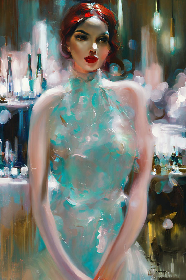 Stylized painting of woman in red headband and translucent dress with blurred lights and bottles.