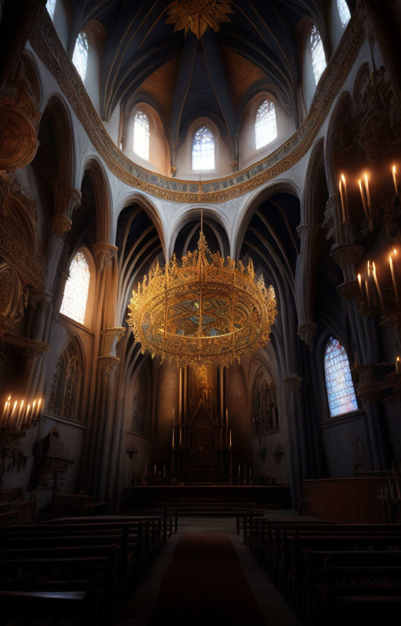 Gothic-style cathedral with golden chandelier