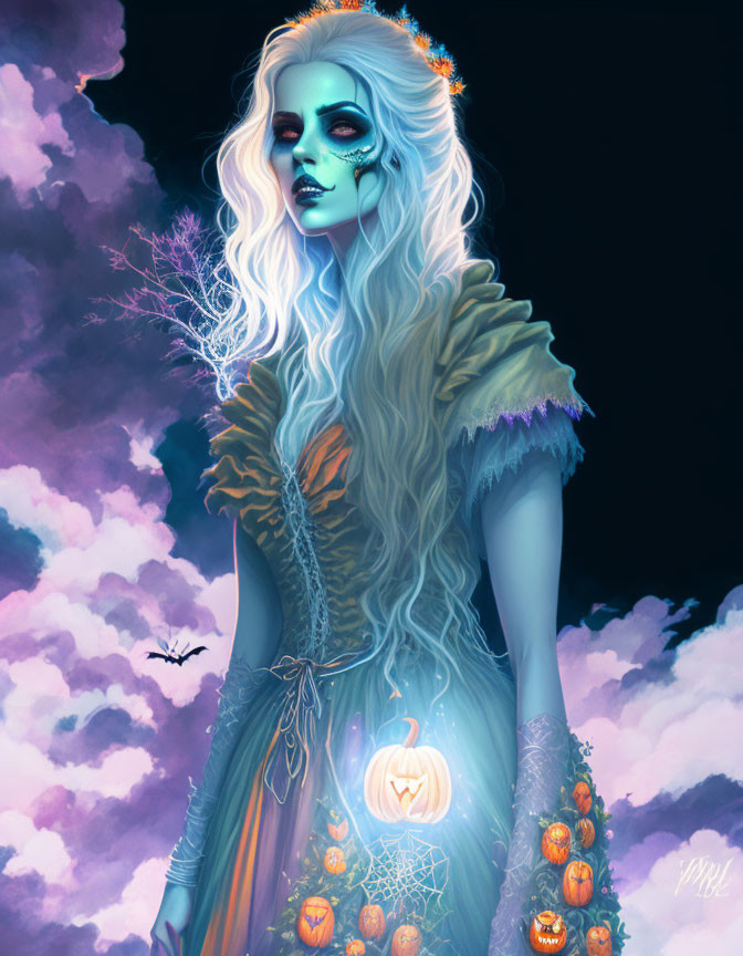 Blue-skinned female figure in autumnal attire under twilight sky.