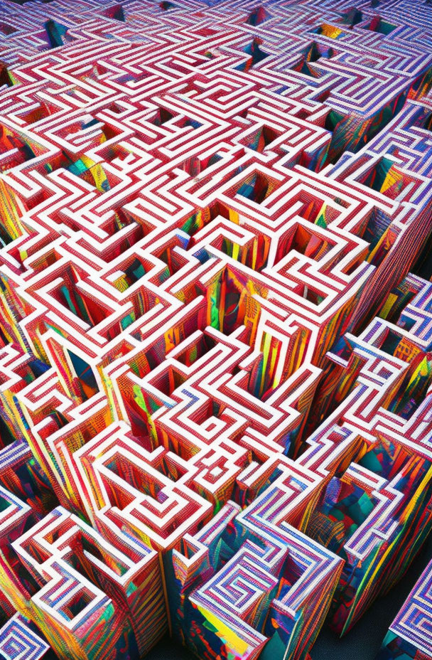 Multicolored 3D maze with red, blue, and white paths