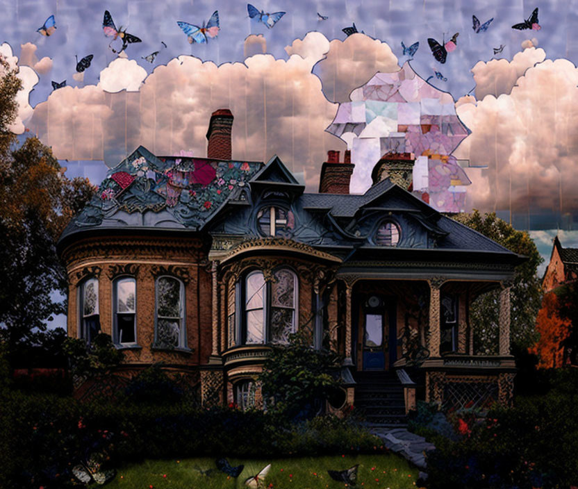 Victorian-style house with lush garden and butterflies under cloudy sky