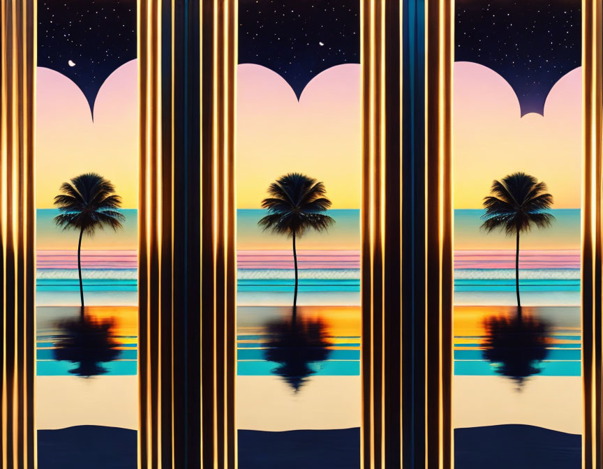 Tropical palm trees in starry night scene with water reflections