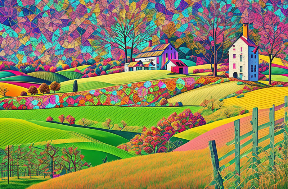 Colorful Stylized Landscape with Whimsical Houses & Patterned Foliage