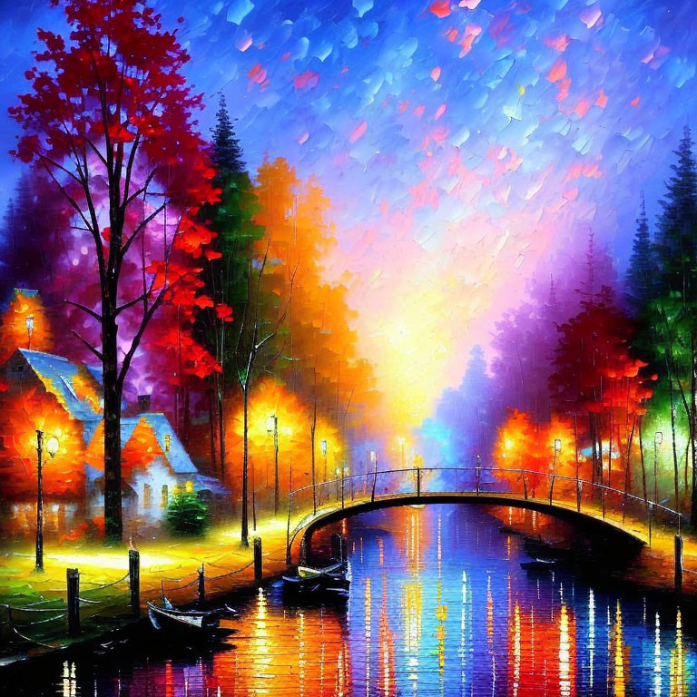 Colorful Autumn Riverside Scene with House, Bridge, Boats, and Starry Sky