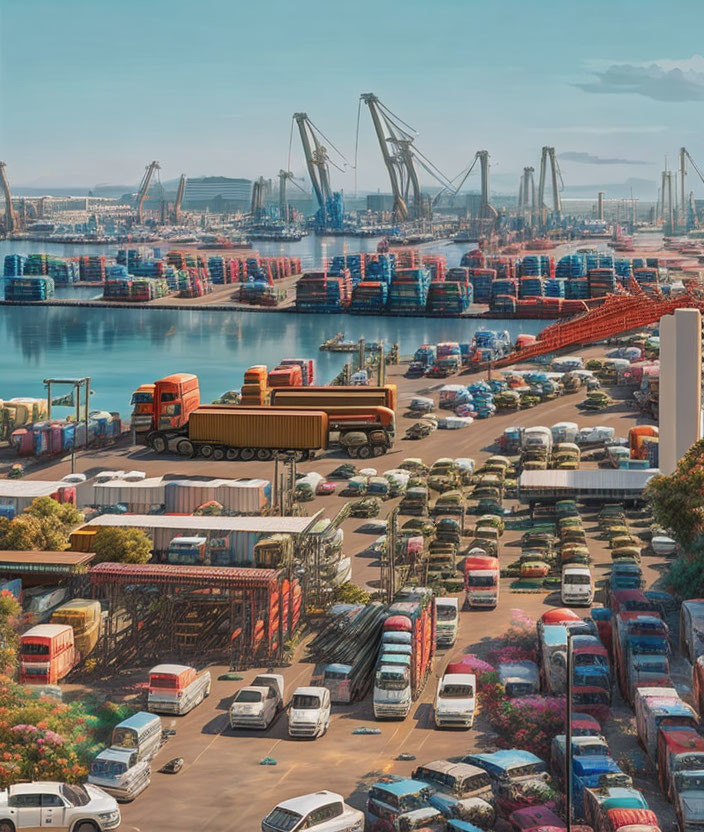 Busy Port Scene with Shipping Containers, Cranes, and Traffic