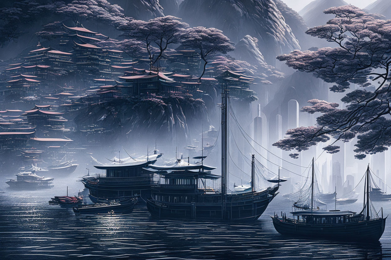 Tranquil Asian landscape with boats, pagodas, mountains, and cherry blossoms