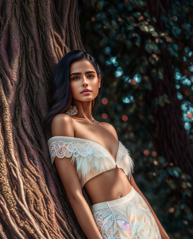 Dark-haired woman in white top leaning on textured tree trunk in forest setting