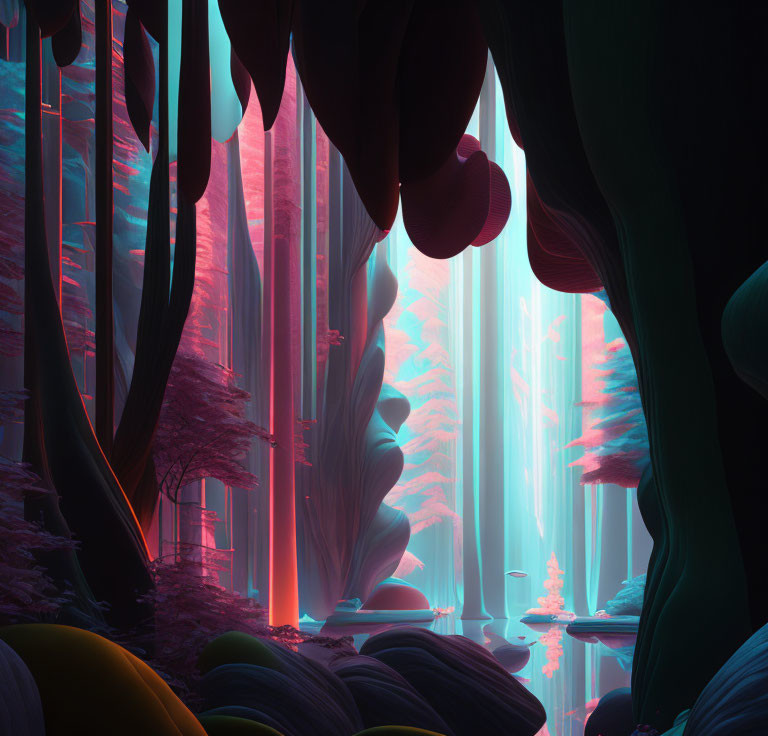 Fantastical forest with pink and turquoise trees in dreamlike setting