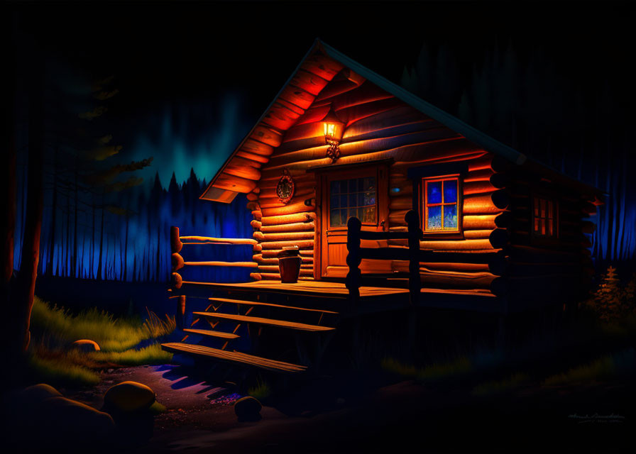 Rustic log cabin in dark forest with glowing windows