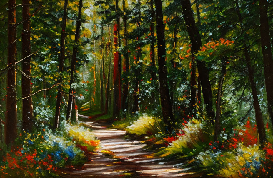 Colorful Forest Painting with Sunlit Path & Towering Trees