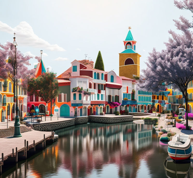 Vibrant canal scene with colorful buildings, purple trees, and moored boat