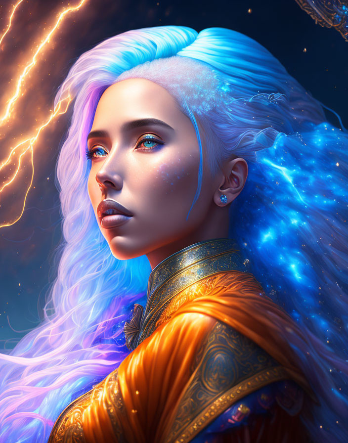 Digital illustration: Woman with glowing white hair, blue light effects, ornate orange armor, cosmic background