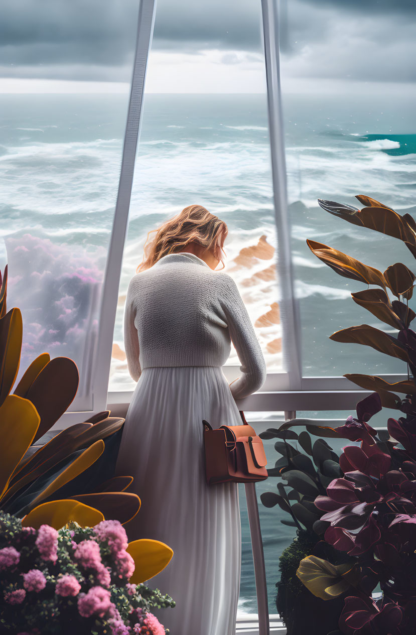 Woman in white dress and gray sweater looking at ocean from window with plants and flowers.