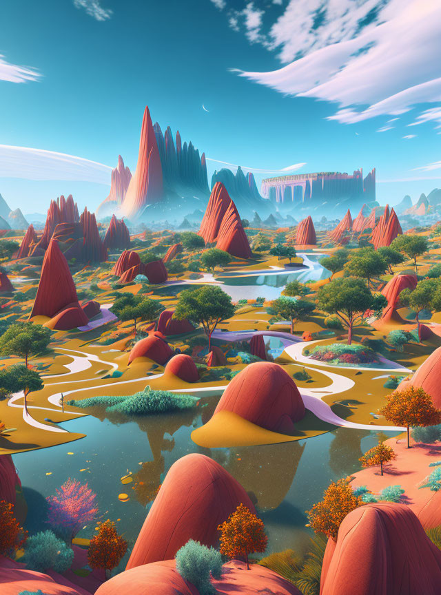 Colorful alien landscape with red rock formations, rivers, foliage, and moon