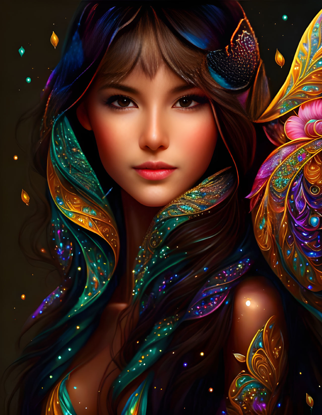 Vibrant digital portrait of a woman with butterfly wings on dark background