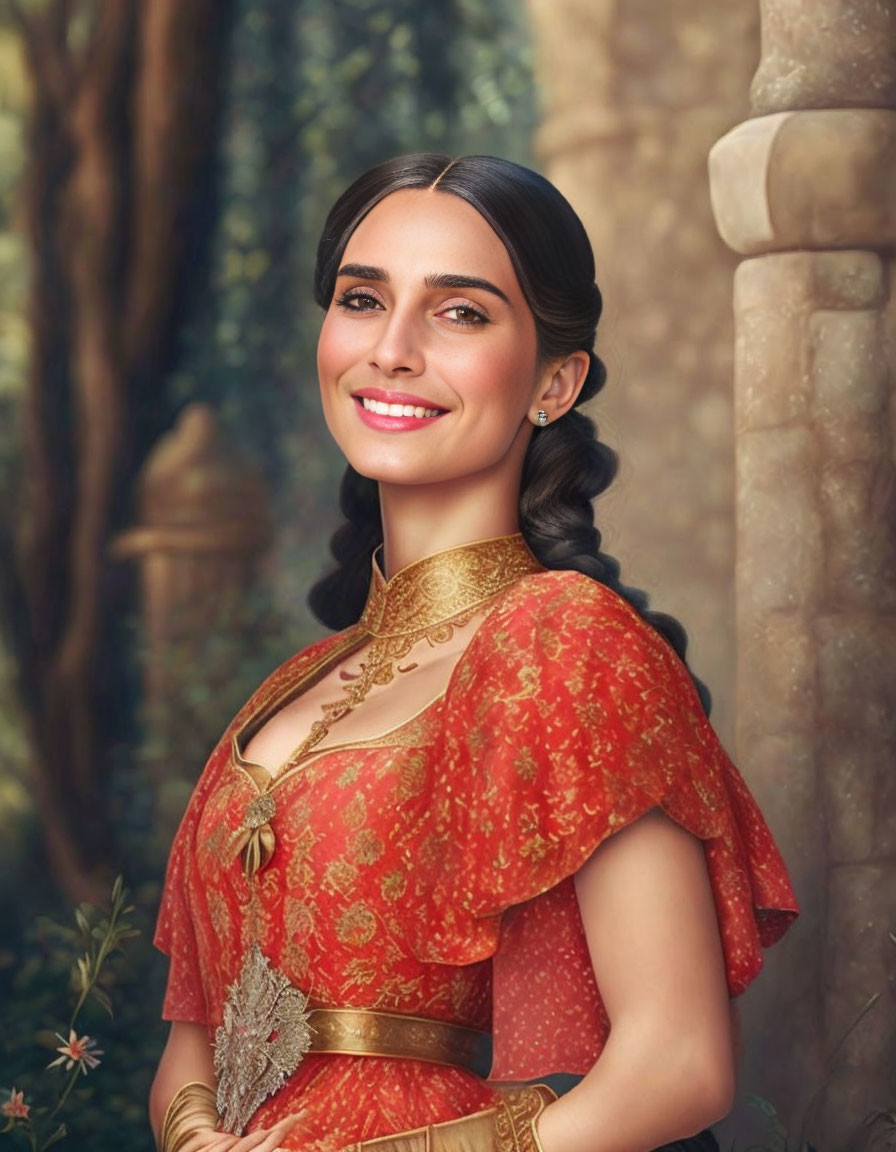 Dark-haired woman in red traditional attire smiles in forest setting